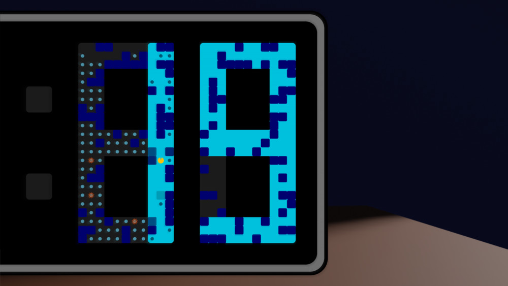 Screenshot from the game: cyan digits with dark blocks and some dots in one of them.