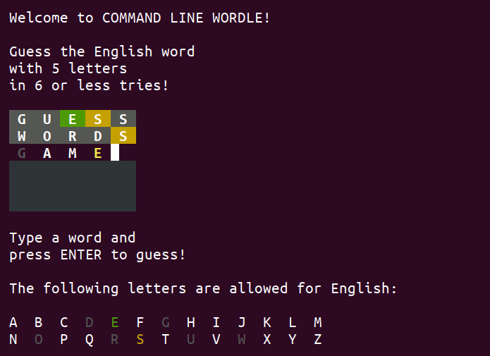 A screenshot from the game, guessing English words with 5 letters