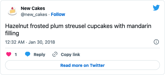Tweet from @new_cakes: Hazelnut frosted plum streusel cupcakes with mandarin filling